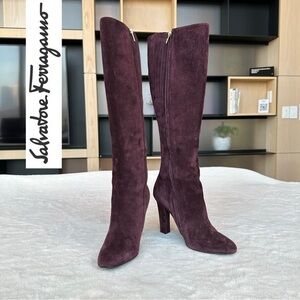 Salvatore Ferragamo 240 mm Suede Maroon Burgundy Knee Length Boots EU 37 US 7